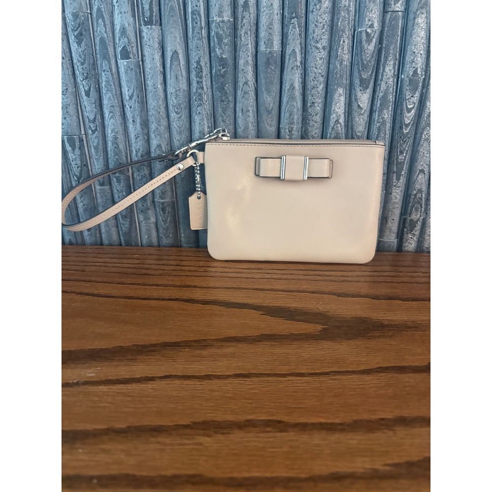 Coach Darcy Bow Wristlet Cream Beige Saffiano Leather Silver Hardware Pouch Bag